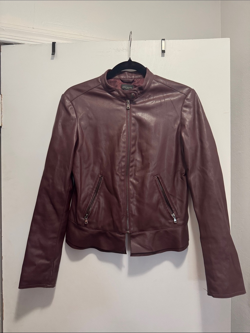 Ann Taylor Factory Wine Leather Zip-Front Jacket